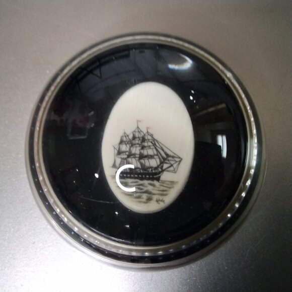 Vintage 1950s Sailing Ship Heavy Glass Dome Paperweight White Etched Disk - Picture 1 of 3